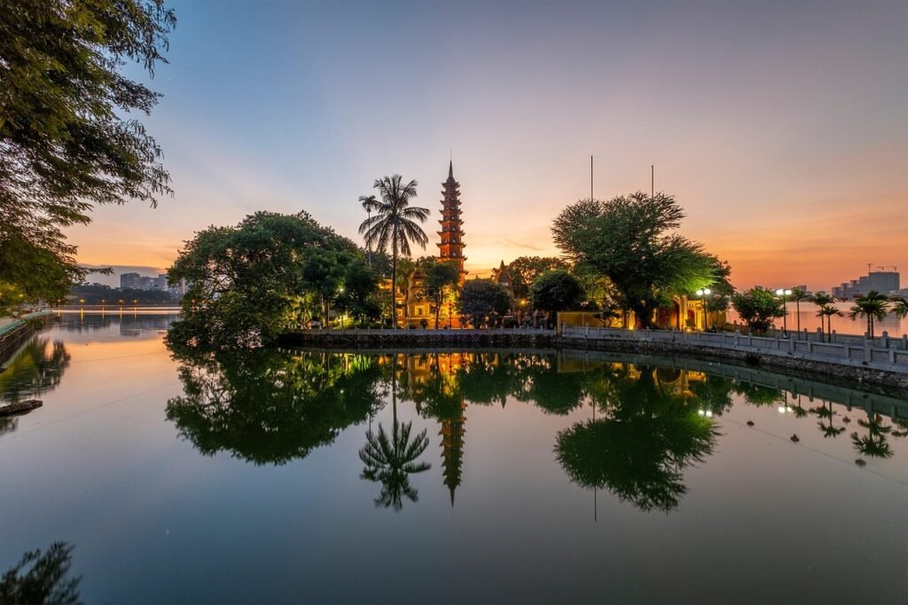 pagoda, lake, sunset, township, hanoi, nature, vietnam, landscape