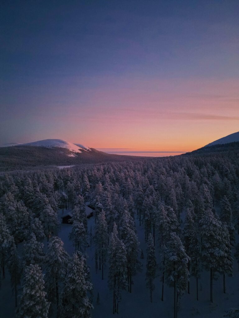 Snow-covered forest and mountains during a winter sunset in Ylläsjärvi, Finland.