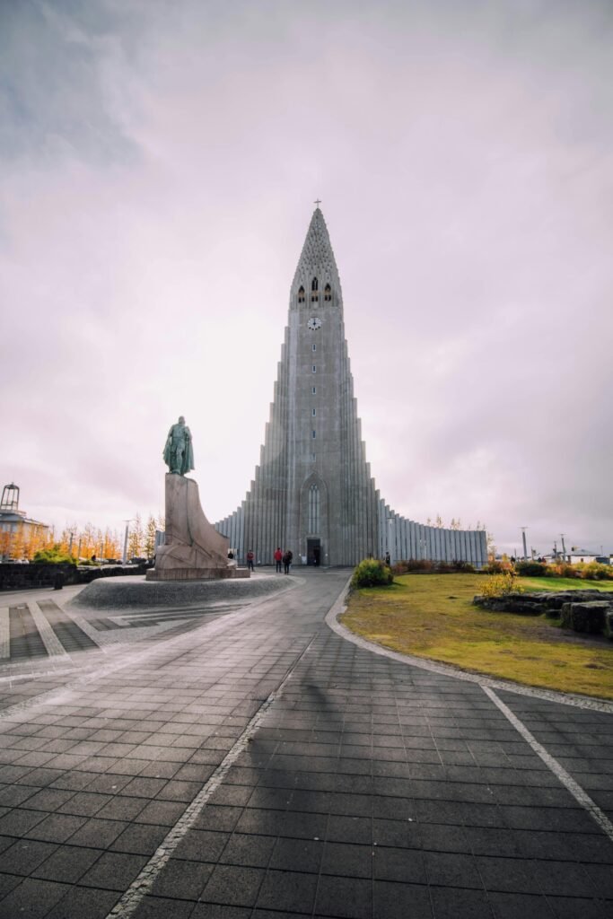 A vertical shot of Hallgrimskirkja Church, a famous landmark in Reykjavik, Iceland.
