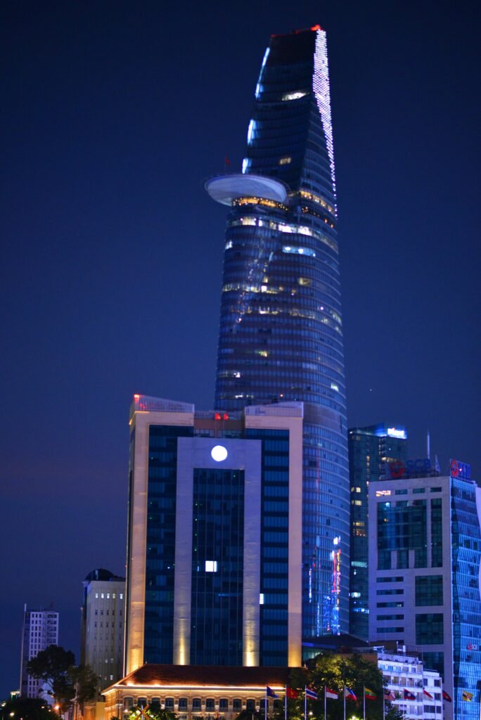 A stunning night view of the Bitexco Financial Tower in Ho Chi Minh City, Vietnam's iconic skyline.