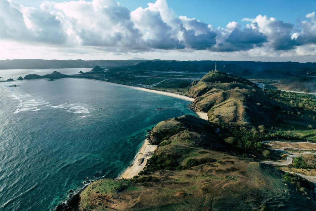 Breathtaking aerial capture of Lombok's pristine Mandalika beach and coastline.