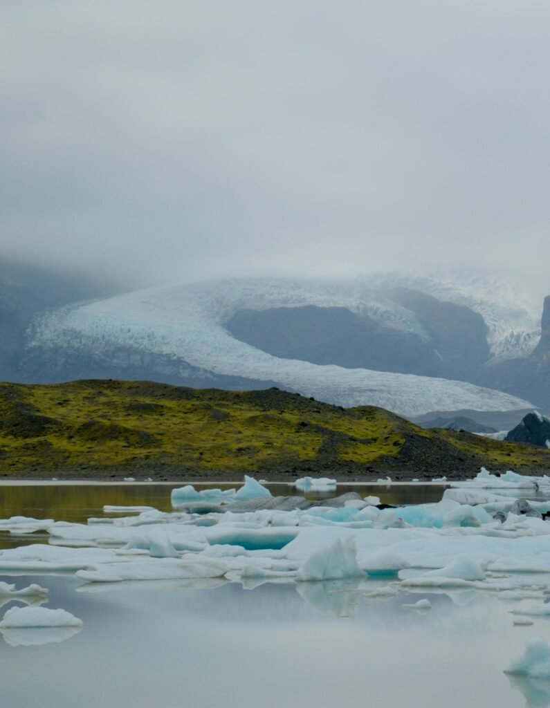 A serene view of an Icelandic glacier lagoon with floating icebergs and mossy hills.