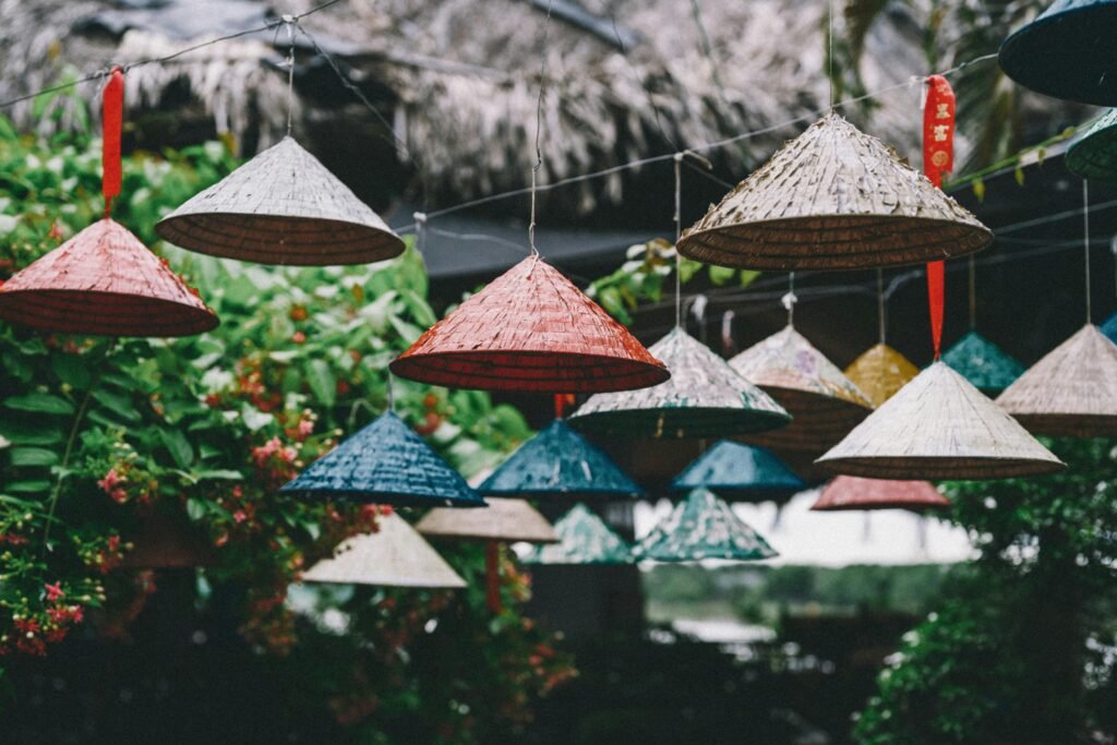 Vibrant Vietnamese hats in Bến Tre, showcasing traditional culture and outdoor decor.