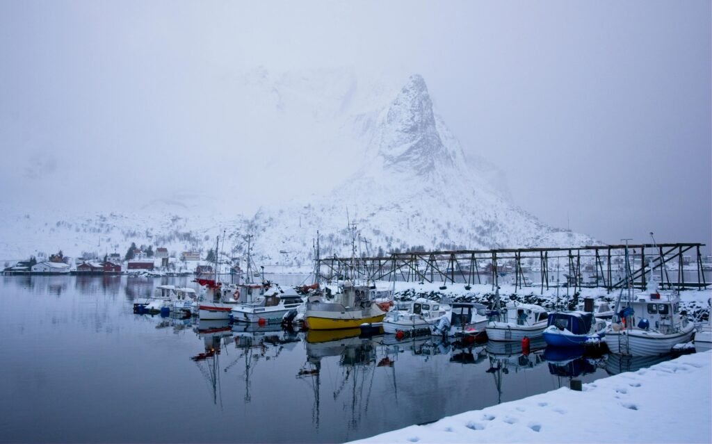 Snow-covered boats berthed in the tranquil harbor of Reine, Lofoten, Norway during winter.