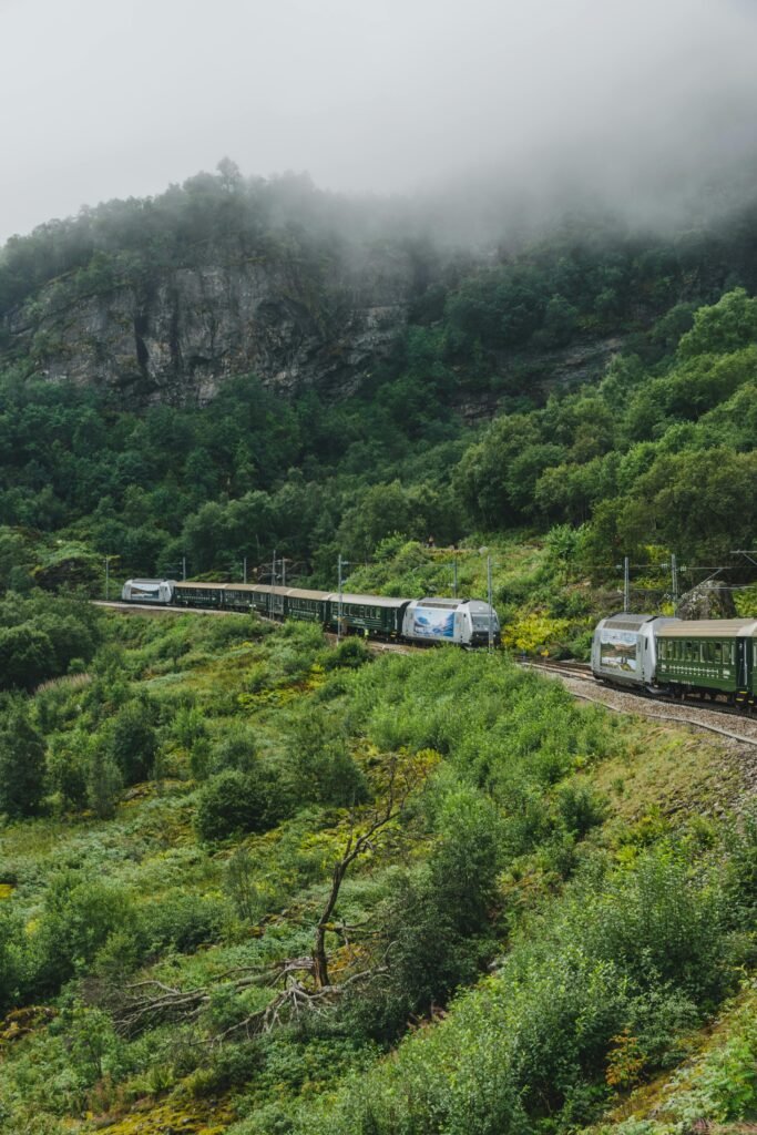 Picturesque landscape of green lush vegetation on rocky hills and train on railroad under cloudy sky