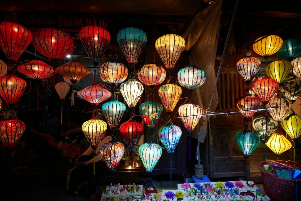 Colorful paper lanterns illuminate the Hội An Night Market with vibrant hues.