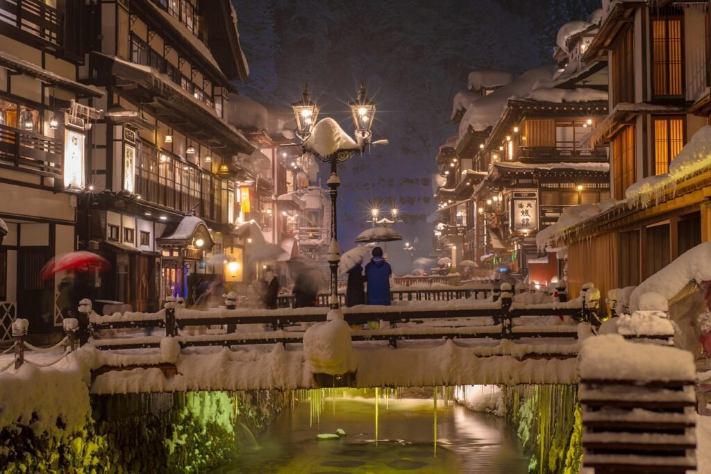 onsen, hotspring, snow, japan, nature, travel, bridge, umbrella, night