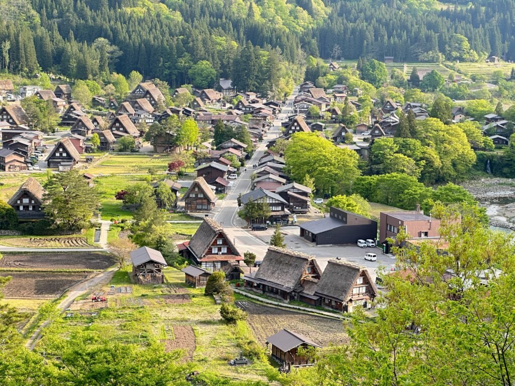 Beautiful aerial view of Shirakawa-go with traditional Gassho-style houses.